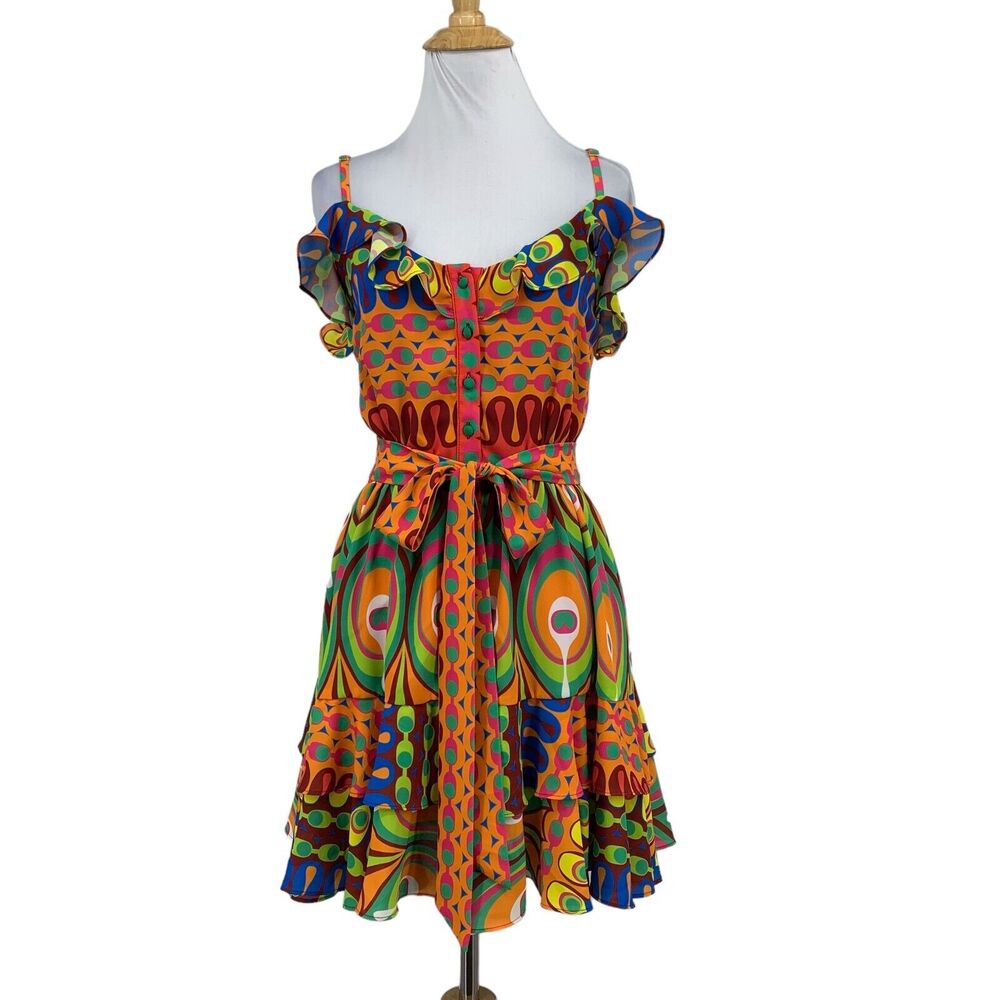 Alexie Dress Women XS Extra Small Multi Abstract Button Sleeveless Belted Ruffle